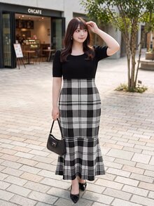 Bijouette Plus Size Women's Plaid Patchwork Casual Daily Knit Dress Fall - Multicolor - View 5