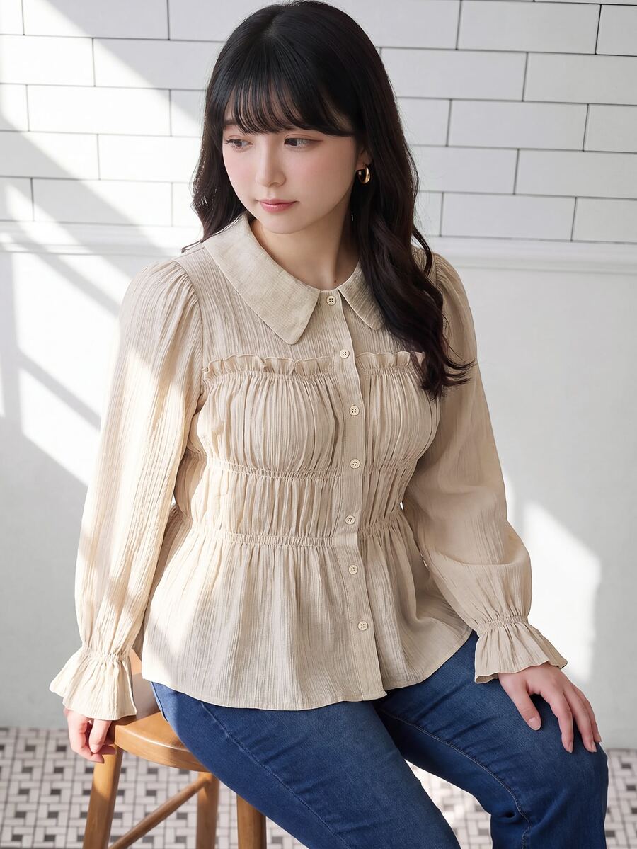 Bijouette Plus Size Women's Solid Color Long Sleeve Pleated Single-Breasted Frill Trim Shirt Japanese Elegant Romantic Fairy Waist Beige Fall Office Evening - Apricot - View 1