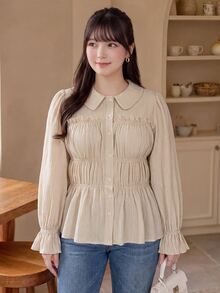Bijouette Plus Size Women's Solid Color Long Sleeve Pleated Single-Breasted Frill Trim Shirt Japanese Elegant Romantic Fairy Waist Beige Fall Office Evening - Apricot - View 7