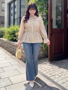 Bijouette Plus Size Women's Solid Color Long Sleeve Pleated Single-Breasted Frill Trim Shirt Japanese Elegant Romantic Fairy Waist Beige Fall Office Evening - Apricot - View 5