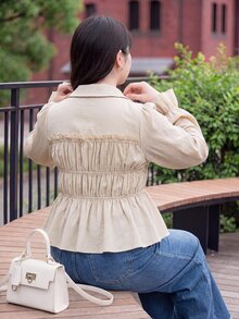 Bijouette Plus Size Women's Solid Color Long Sleeve Pleated Single-Breasted Frill Trim Shirt Japanese Elegant Romantic Fairy Waist Beige Fall Office Evening - Apricot - View 6