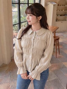 Bijouette Plus Size Women's Solid Color Long Sleeve Pleated Single-Breasted Frill Trim Shirt Japanese Elegant Romantic Fairy Waist Beige Fall Office Evening - Apricot - View 3