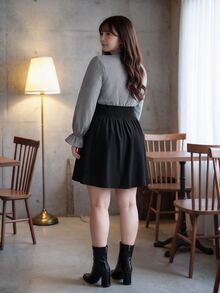 Bijouette Gaun Elegan Lengan Panjang Leher Ikat Motif Kotak-kotak Patchwork untuk Wanita Ukuran Plus, Cocok untuk Musim Gugur. - Hitam dan Putih - View 7