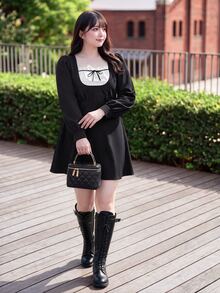 Bijouette Plus Size Sweet Black And White Contrast Color Tie-Front Long Sleeve Dress,Japanese Sweet Style,Elasticated Back Waist, Going Out,Autumn Dress Fall - Black and White - View 3