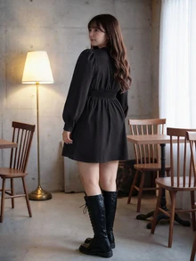 Bijouette Plus Size Sweet Black And White Contrast Color Tie-Front Long Sleeve Dress,Japanese Sweet Style,Elasticated Back Waist, Going Out,Autumn Dress Fall - Black and White - View 7