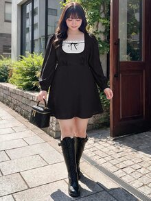 Bijouette Plus Size Sweet Black And White Contrast Color Tie-Front Long Sleeve Dress,Japanese Sweet Style,Elasticated Back Waist, Going Out,Autumn Dress Fall - Black and White - View 4