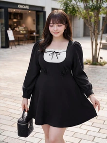 Bijouette Plus Size Sweet Black And White Contrast Color Tie-Front Long Sleeve Dress,Japanese Sweet Style,Elasticated Back Waist, Going Out,Autumn Dress Fall - Black and White - View 1