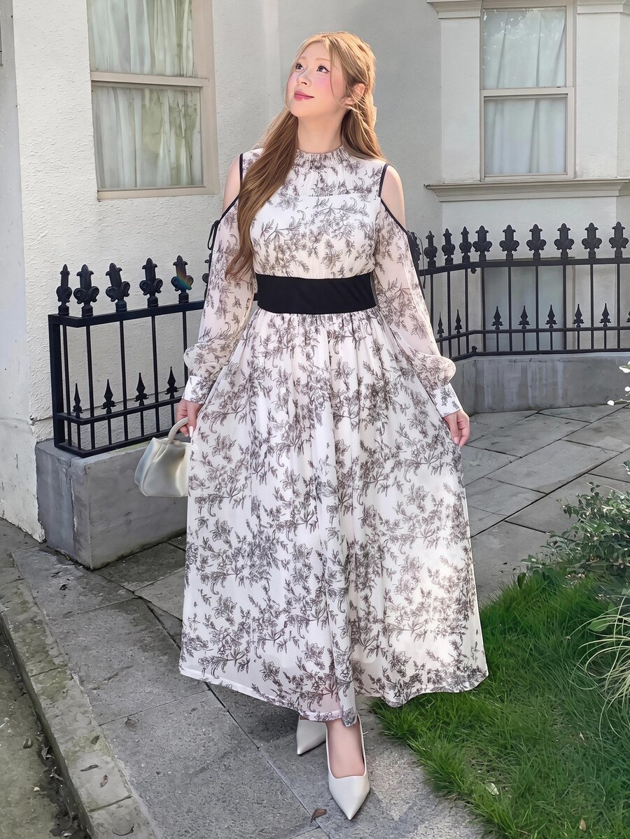 Bijouette Plus Size Black Ink-Wash Print Off-Shoulder Waist-Cinching Dress, Suitable For Commuting Tea Party, Parties, Wedding Guests, And Dates Summer Elegant - Black and White - View 1