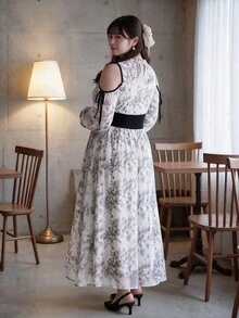 Bijouette Plus Size Black Ink-Wash Print Off-Shoulder Waist-Cinching Dress, Suitable For Commuting Tea Party, Parties, Wedding Guests, And Dates Summer Elegant - Black and White - View 5