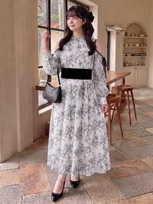 Bijouette Plus Size Black Ink-Wash Print Off-Shoulder Waist-Cinching Dress, Suitable For Commuting Tea Party, Parties, Wedding Guests, And Dates Summer Elegant - Black and White - View 7