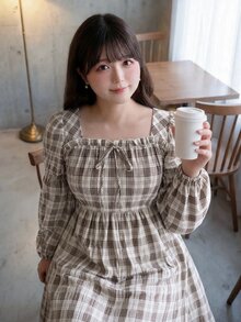 Bijouette 大尺碼秋季休閒膠囊系列米色格紋花瓣袖洋裝，柔軟面料，日系甜美風，後腰鬆緊設計，適合早午餐派對 - 棕色 - 查看 3