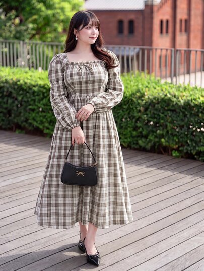 Bijouette Plus Size  Autumn Casual Brown And Apricot Plaid Petal Sleeve Dress,Soft Fabric, Japanese Sweet Style,Elasticated Back Waist, Going Out,Autumn Dress