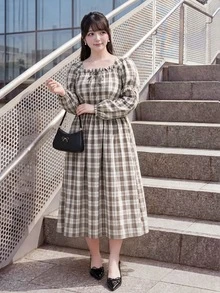 Bijouette 大尺碼秋季休閒膠囊系列米色格紋花瓣袖洋裝，柔軟面料，日系甜美風，後腰鬆緊設計，適合早午餐派對 - 棕色 - 查看 8
