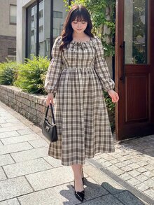 Bijouette 大尺碼秋季休閒膠囊系列米色格紋花瓣袖洋裝，柔軟面料，日系甜美風，後腰鬆緊設計，適合早午餐派對 - 棕色 - 查看 6