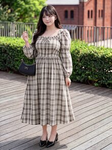 Bijouette 大尺碼秋季休閒膠囊系列米色格紋花瓣袖洋裝，柔軟面料，日系甜美風，後腰鬆緊設計，適合早午餐派對 - 棕色 - 查看 5