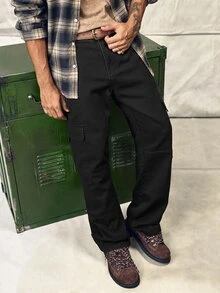 Norleigh 男士休閒工裝牛仔褲，附翻蓋側袋，寬鬆水洗藍色牛仔褲，街頭風，黑色工裝牛仔褲 - 黑色 - 查看 5