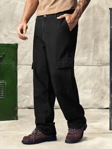 Norleigh 男士休閒工裝牛仔褲，附翻蓋側袋，寬鬆水洗藍色牛仔褲，街頭風，黑色工裝牛仔褲 - 黑色 - 查看 1