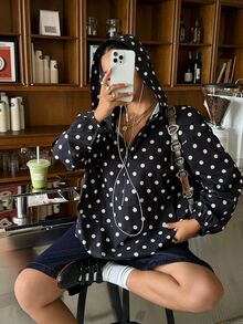 Muchica Plus Size Fashion Street Polka Dot Print Long Sleeve Zip-Up Hooded Jacket Fall - Black and White - View 1