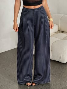SHEIN Tall 女款條紋百褶口袋寬腿寬鬆休閒長褲 - 藍色 - 查看 7