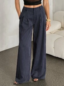 SHEIN Tall 女款條紋百褶口袋寬腿寬鬆休閒長褲 - 藍色 - 查看 6