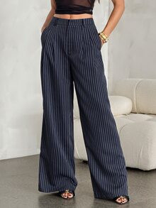 SHEIN Tall 女款條紋百褶口袋寬腿寬鬆休閒長褲 - 藍色 - 查看 4