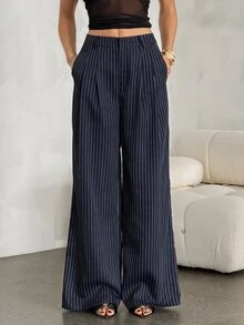 SHEIN Tall 女款條紋百褶口袋寬腿寬鬆休閒長褲 - 藍色 - 查看 8