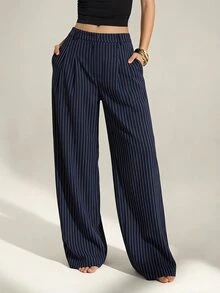 SHEIN Tall 女款條紋百褶口袋寬腿寬鬆休閒長褲 - 藍色 - 查看 9