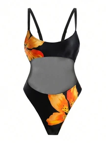 SHEIN Swim 女士优雅花卉数码印花网纱拼接高腰连体泳衣，适合海滩、度假、春夏秋季穿着。 - 黑色 - 查看 4