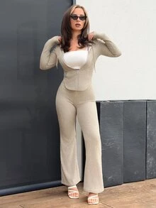 Jeta Ari Casual Hooded Cinched Waist Pocket Jacket And Flare Ribbed Knit Pants 2 Pieces Set For Women, Versatile Daily Wear, Autumn/Winter Fall Cloth For Women - Apricot - View 6