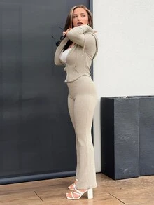 Jeta Ari Casual Hooded Cinched Waist Pocket Jacket And Flare Ribbed Knit Pants 2 Pieces Set For Women, Versatile Daily Wear, Autumn/Winter Fall Cloth For Women - Apricot - View 3