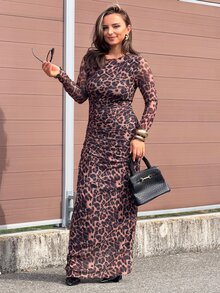 Jeta Ari 女士优雅豹纹修身网眼透视长袖连衣裙，适合春秋季女装 - 棕色 - 查看 4