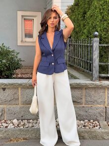 Jeta Ari Elegant Vertical Striped Vest, Single-Breasted Sleeveless Waist Cinched Commuter Blazer For Women - Navy Blue - View 4