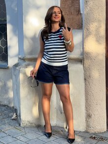 Jeta Ari 新款春秋季休闲温柔韩版甜美针织女式毛衣背心 - 藏蓝色 - 查看 6