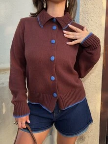 Jeta Ari 女士时尚休闲撞色纽扣饰边开衫 - 棕色 - 查看 6