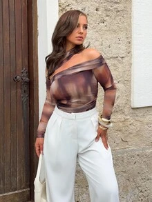 Jeta Ari Women's Summer Tie Dye Printed Asymmetrical Collar Ruched Slim Fit Bodysuit - Brown - View 4