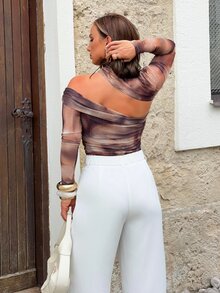 Jeta Ari Women's Summer Tie Dye Printed Asymmetrical Collar Ruched Slim Fit Bodysuit - Brown - View 2