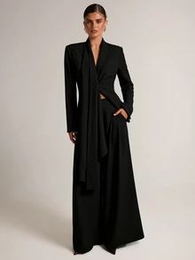 SHEIN BAE Fashion Commuter Jacket & Pants Suit Set - Black - View 1