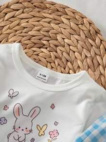 SHEIN 秋冬針織圓領薄款長袖數位印花可愛兔子清新圖案格紋小方格復古格紋上衣與褲子2件套熱銷合身睡衣家居服 - 彩色 - 查看 3