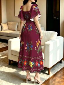 Modelyn 花卉印花時尚方領大荷葉袖短袖洋裝，夏季收腰中長裙，花卉圖案棕色長洋裝 - 彩色 - 查看 2