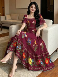 Modelyn 花卉印花時尚方領大荷葉袖短袖洋裝，夏季收腰中長裙，花卉圖案棕色長洋裝 - 彩色 - 查看 3