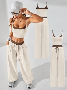 Coolane Women's Summer 2 Pieces Set, Color Block Cami Crop Top & Wide Leg Pants, Casual Lounge Streetwear Vacation Outfit - Apricot - View 8