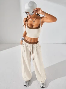 Coolane Women's Summer 2 Pieces Set, Color Block Cami Crop Top & Wide Leg Pants, Casual Lounge Streetwear Vacation Outfit - Apricot - View 5