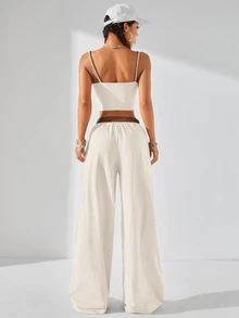 Coolane Women's Summer 2 Pieces Set, Color Block Cami Crop Top & Wide Leg Pants, Casual Lounge Streetwear Vacation Outfit - Apricot - View 2