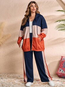 Rusticease 大尺碼女款休閒條紋連帽外套與長褲兩件套，附口袋，秋冬款 - 彩色 - 查看 3