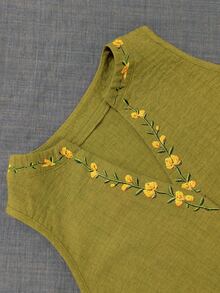 SHEIN LUNE 女款花卉印花立領無袖上衣，印花上衣，女款夏季穿搭，優雅上衣，通勤上班穿著 - 軍綠色 - 查看 7