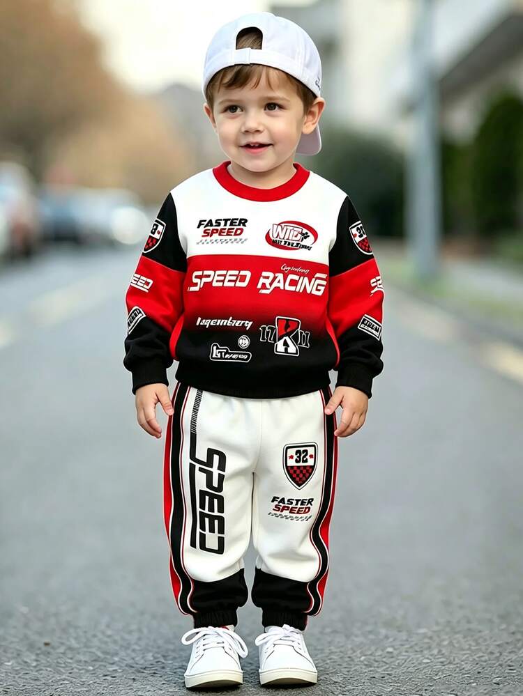 2pcs Baby Boys Racing Car Print Fleece Crew Neck Long Sleeve Sweatshirt And Matching Fleece Jogger Pants Set, Suitable For Autumn/Winter - Multicolor - View 1