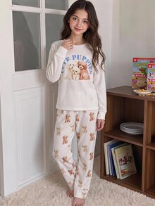 青少年女孩可愛小狗印花修身睡衣套裝，長袖圓領上衣與小狗滿版印花長褲 2 件組，適合戶外穿著 - 杏色 - 查看 2