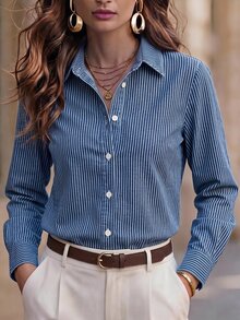 Balvessa Atasan Kemeja Denim Lengan Panjang Berkerah Bergaris untuk Wanita - Dark Wash - View 6