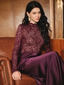 Anewsta Autumn/Winter Inner Layer Elegant Sexy Vintage Lace High Neck Ruffle Long Sleeve Top Dinner Night Out Burgundy - Purple - View 6