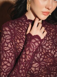 Anewsta Autumn/Winter Inner Layer Elegant Sexy Vintage Lace High Neck Ruffle Long Sleeve Top Dinner Night Out Burgundy - Purple - View 7